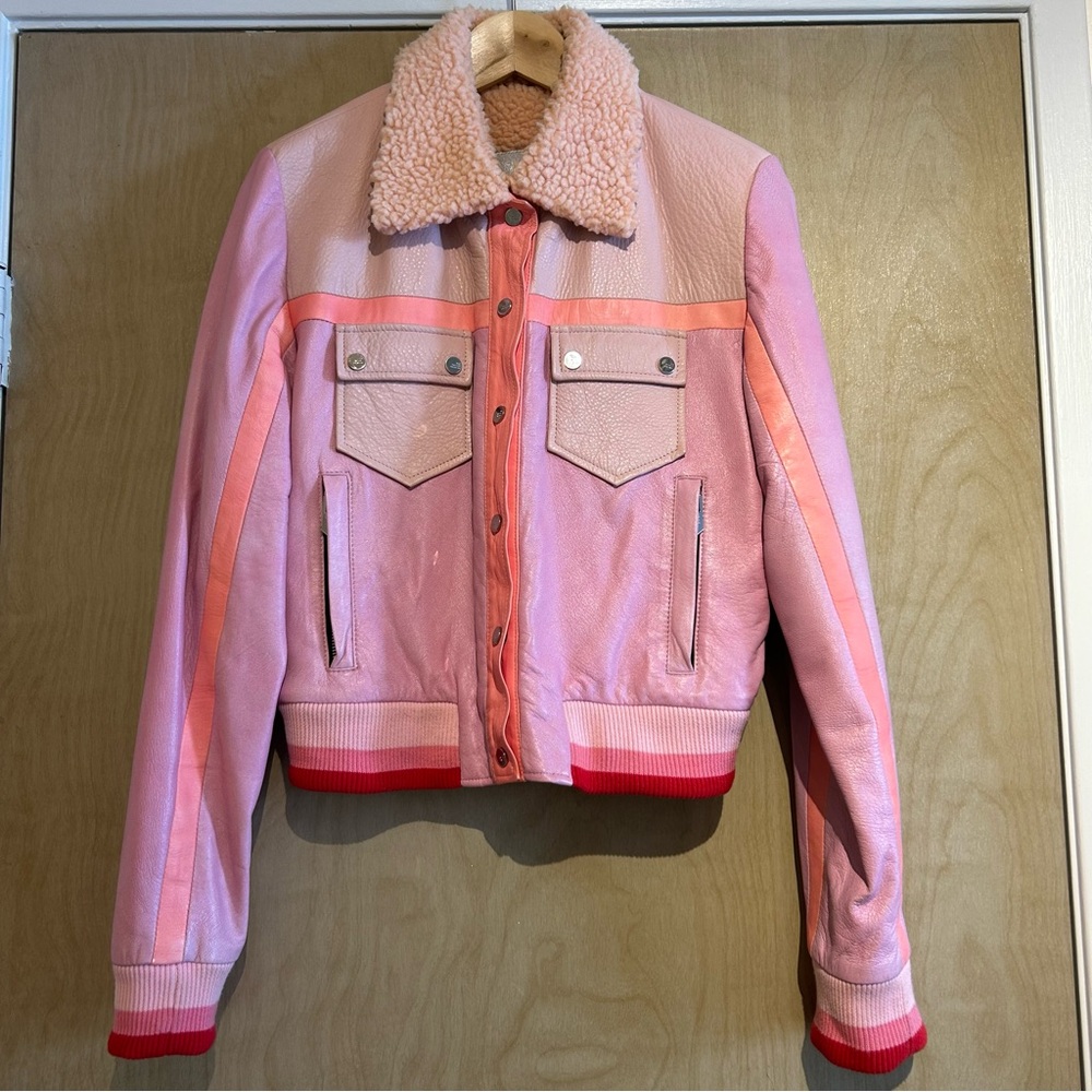 The Mighty Company pink leather trucker jacket in size XS